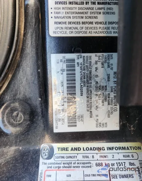 2007 Ford Expedition Eddie Bauer from USA, damaged, VIN 1FMFU17507LA52559